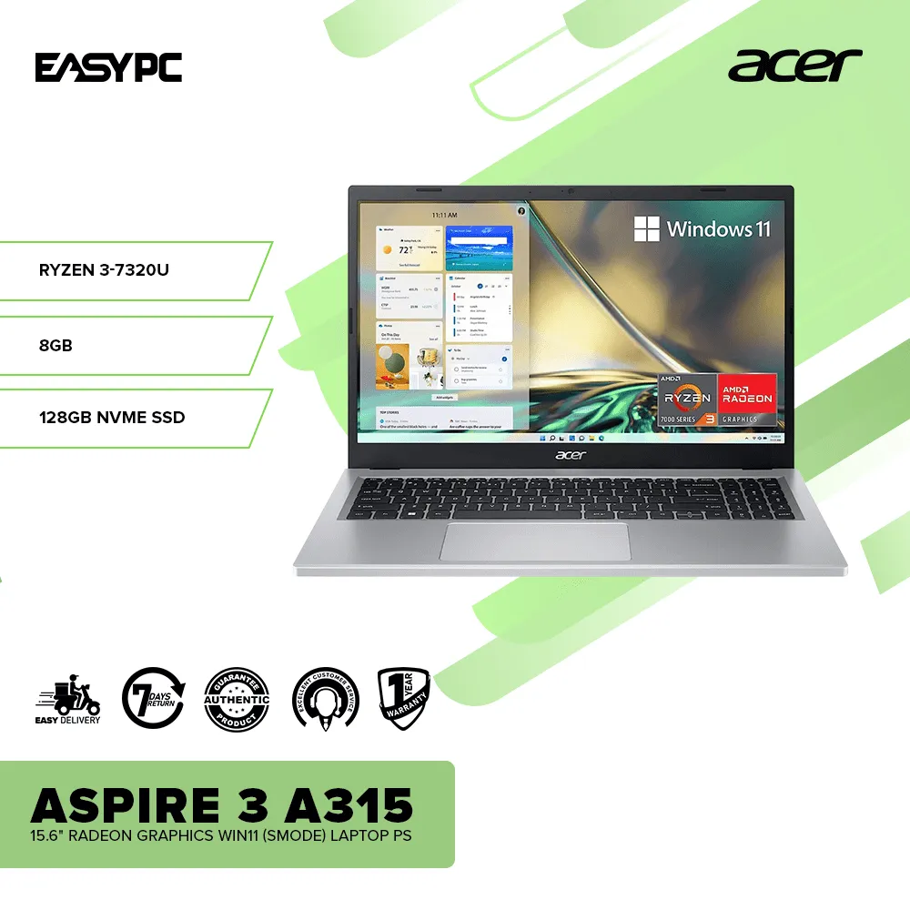 Acer Aspire 3 A315 15.6" Ryzen 3-7320U/8GB DDR5/128GB NVMe SSD/Radeon (Smode) Laptop PS