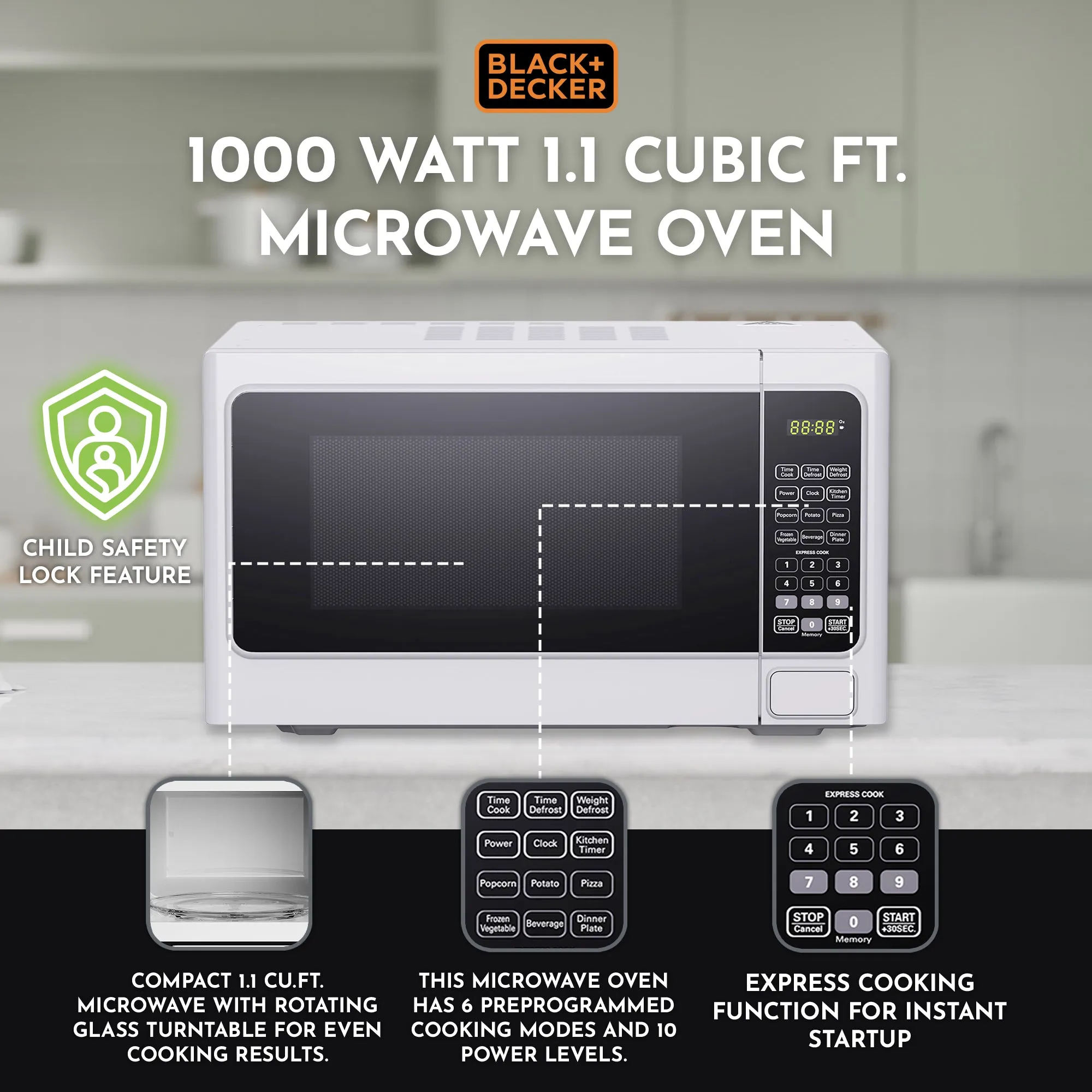 Black Decker 1000 Watt 1.1 Cubic Feet Countertop Table Microwave Oven (Used)