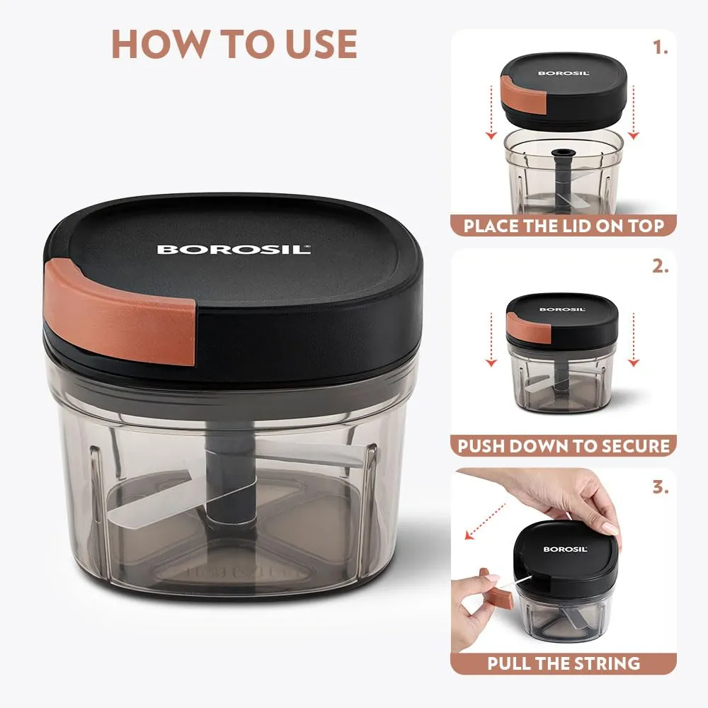 Borosil Chopper with 3 Blades, Pull Chopper with Durable String, Mini Chopper for Kitchen, for Chopping Vegetables, Leafy Greens & Herbs, BPA-Free, Unbreakable 600 ml Chopping Bowl