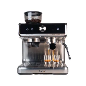 Budan Espresso Machine with Built-In Grinder, PID Control, 15 Bars Pressure, Steam Wand, Removable Water Tank and comes with Steel Tamper and milk Pitcher