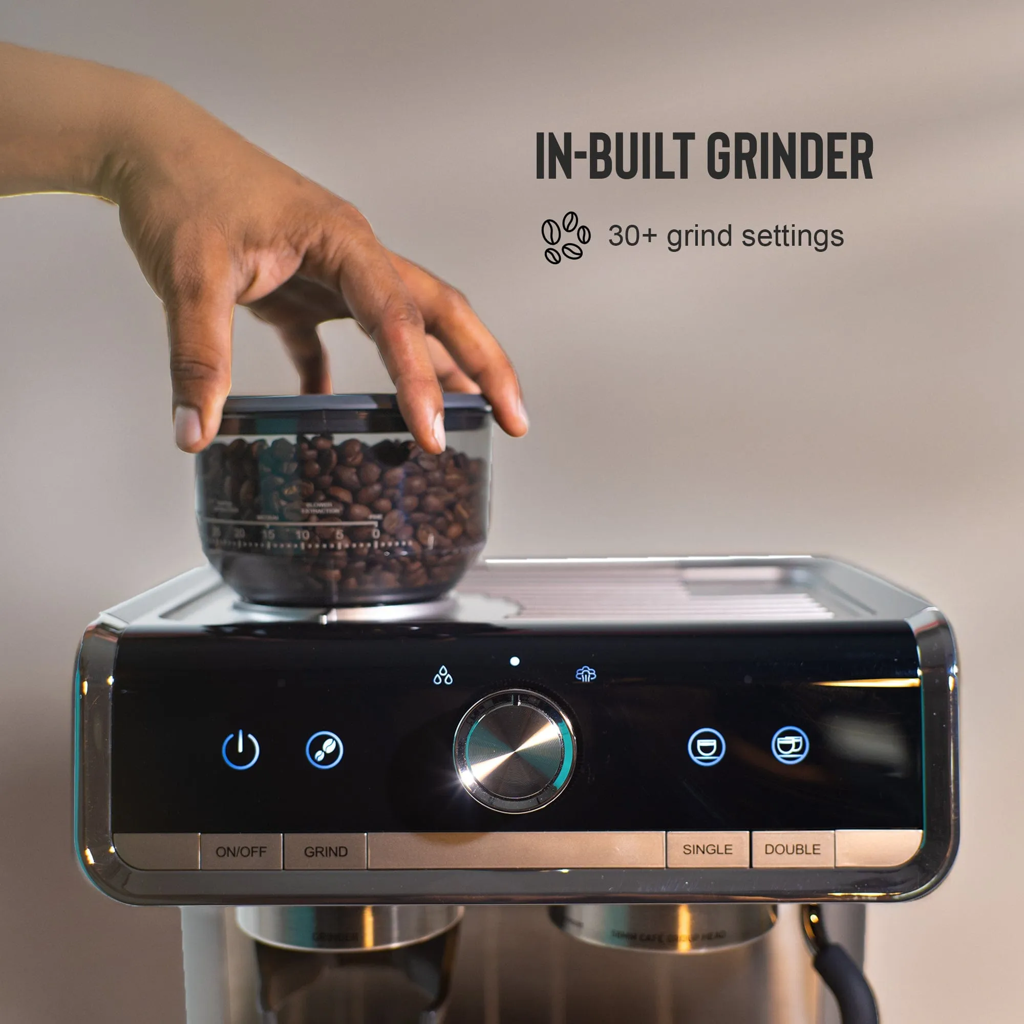 Budan Espresso Machine with Built-In Grinder, PID Control, 15 Bars Pressure, Steam Wand, Removable Water Tank and comes with Steel Tamper and milk Pitcher