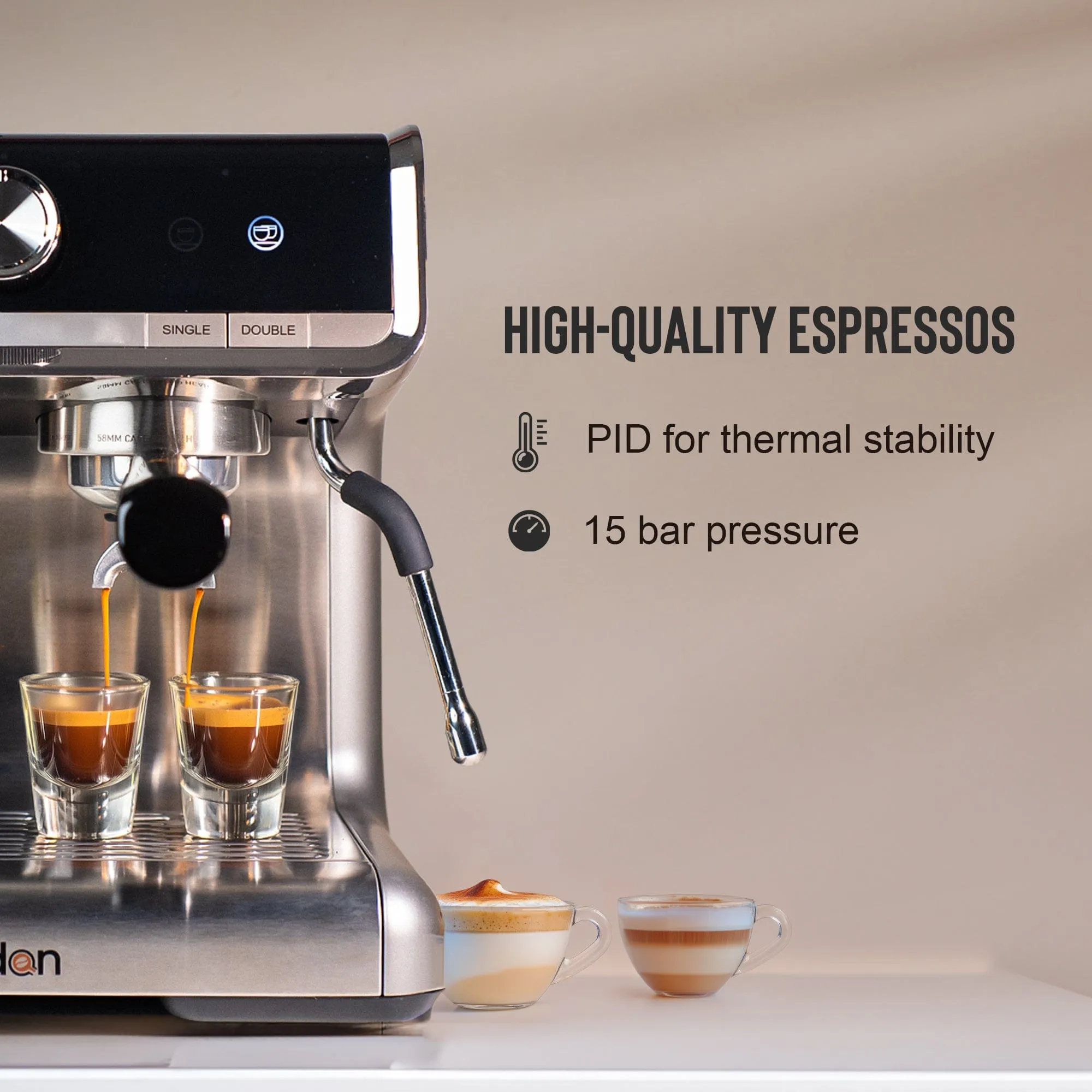 Budan Espresso Machine with Built-In Grinder, PID Control, 15 Bars Pressure, Steam Wand, Removable Water Tank and comes with Steel Tamper and milk Pitcher