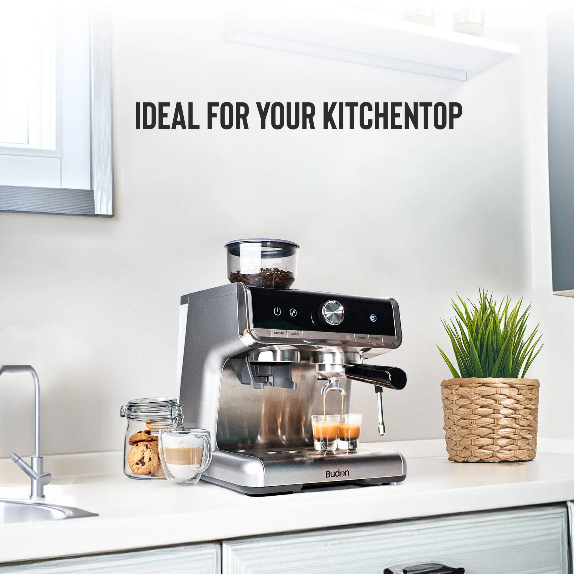 Budan Espresso Machine with Built-In Grinder, PID Control, 15 Bars Pressure, Steam Wand, Removable Water Tank and comes with Steel Tamper and milk Pitcher