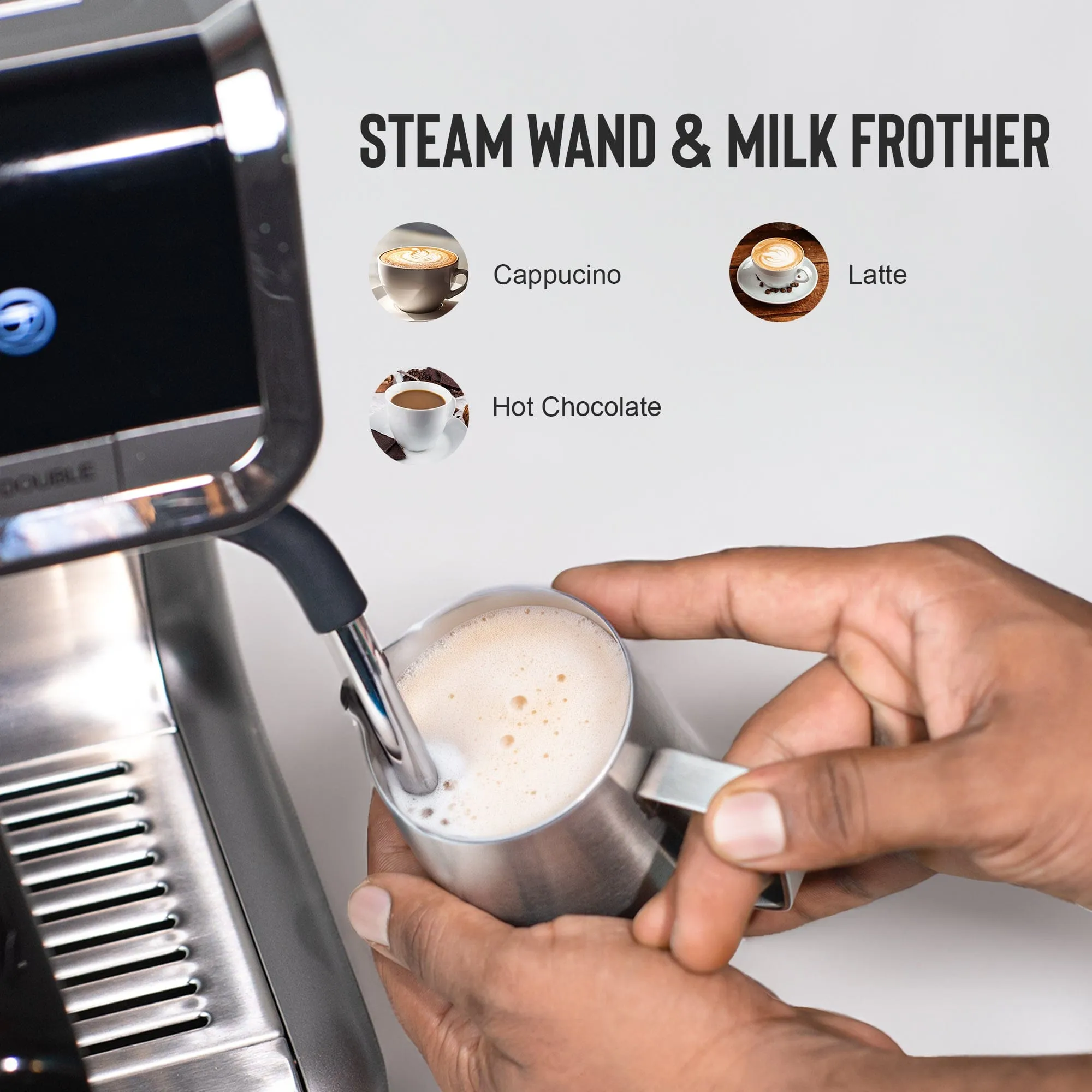 Budan Espresso Machine with Built-In Grinder, PID Control, 15 Bars Pressure, Steam Wand, Removable Water Tank and comes with Steel Tamper and milk Pitcher