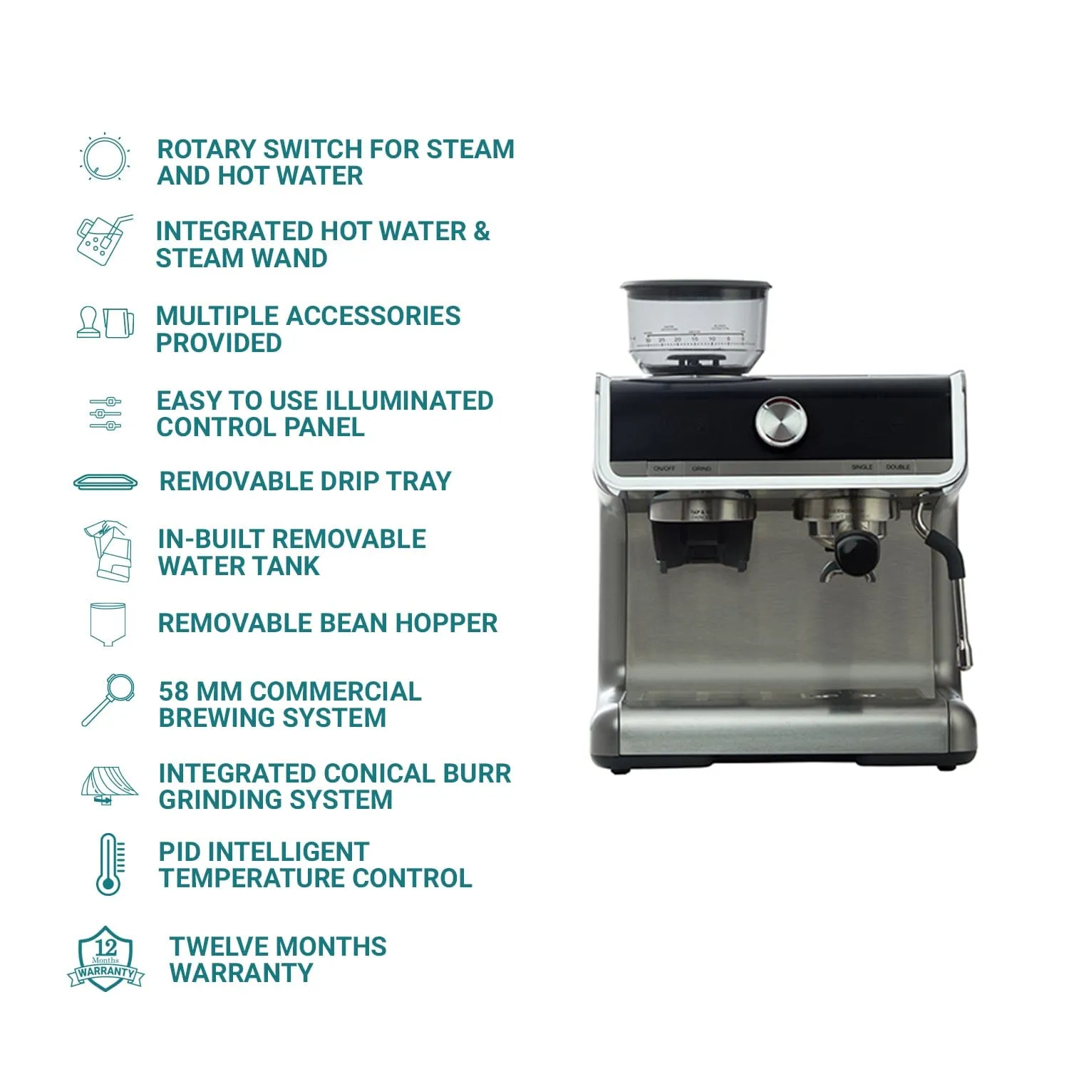 Budan Espresso Machine with Built-In Grinder, PID Control, 15 Bars Pressure, Steam Wand, Removable Water Tank and comes with Steel Tamper and milk Pitcher