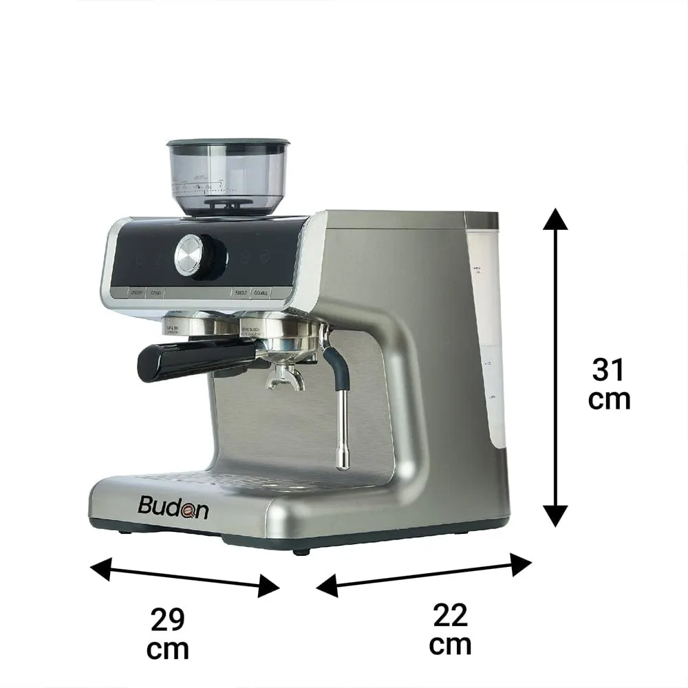 Budan Espresso Machine with Built-In Grinder, PID Control, 15 Bars Pressure, Steam Wand, Removable Water Tank and comes with Steel Tamper and milk Pitcher