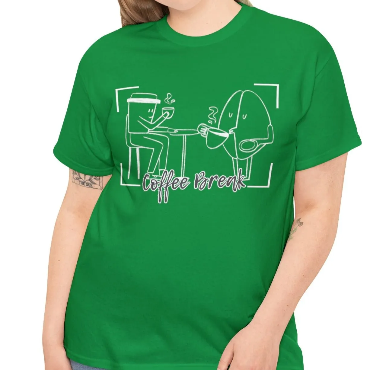 Caffeine Companions: Women's Tee with Coffee Characters – 'Coffee Break' Edition