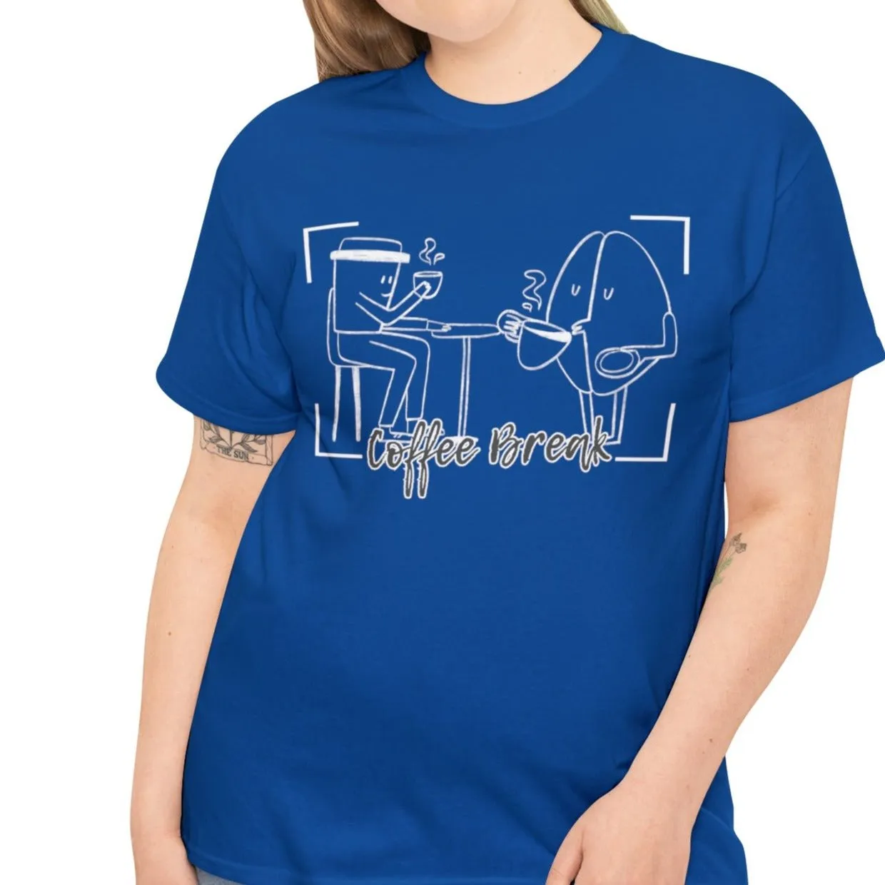 Caffeine Companions: Women's Tee with Coffee Characters – 'Coffee Break' Edition