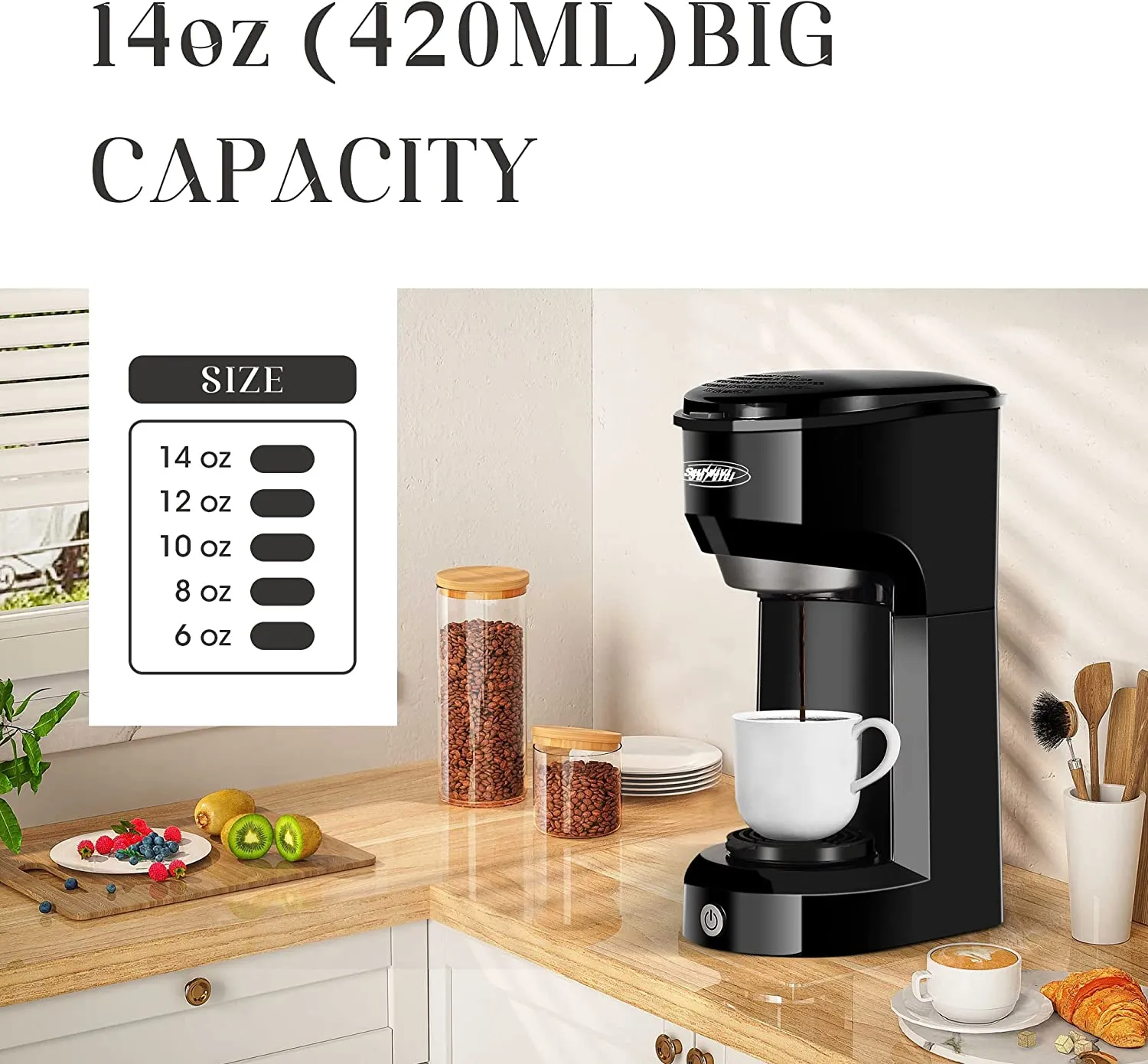 Coffee Maker, Single Serve Brewer for Single Cup, One Cup Coffee Maker With Permanent Filter, 6oz to 14oz Mug, One-touch Control Button with Illumination (ETL Certified)