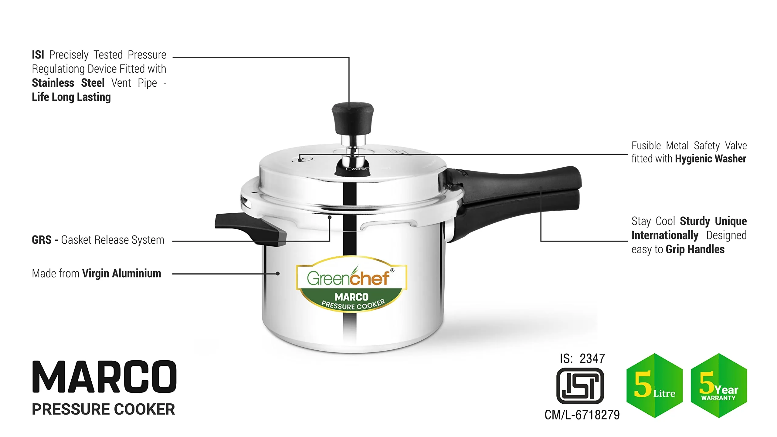 GREENCHEF Marco Aluminium Pressure Cooker Outer Lid 5 Litres capacity, ISI Certified, Silver Colour