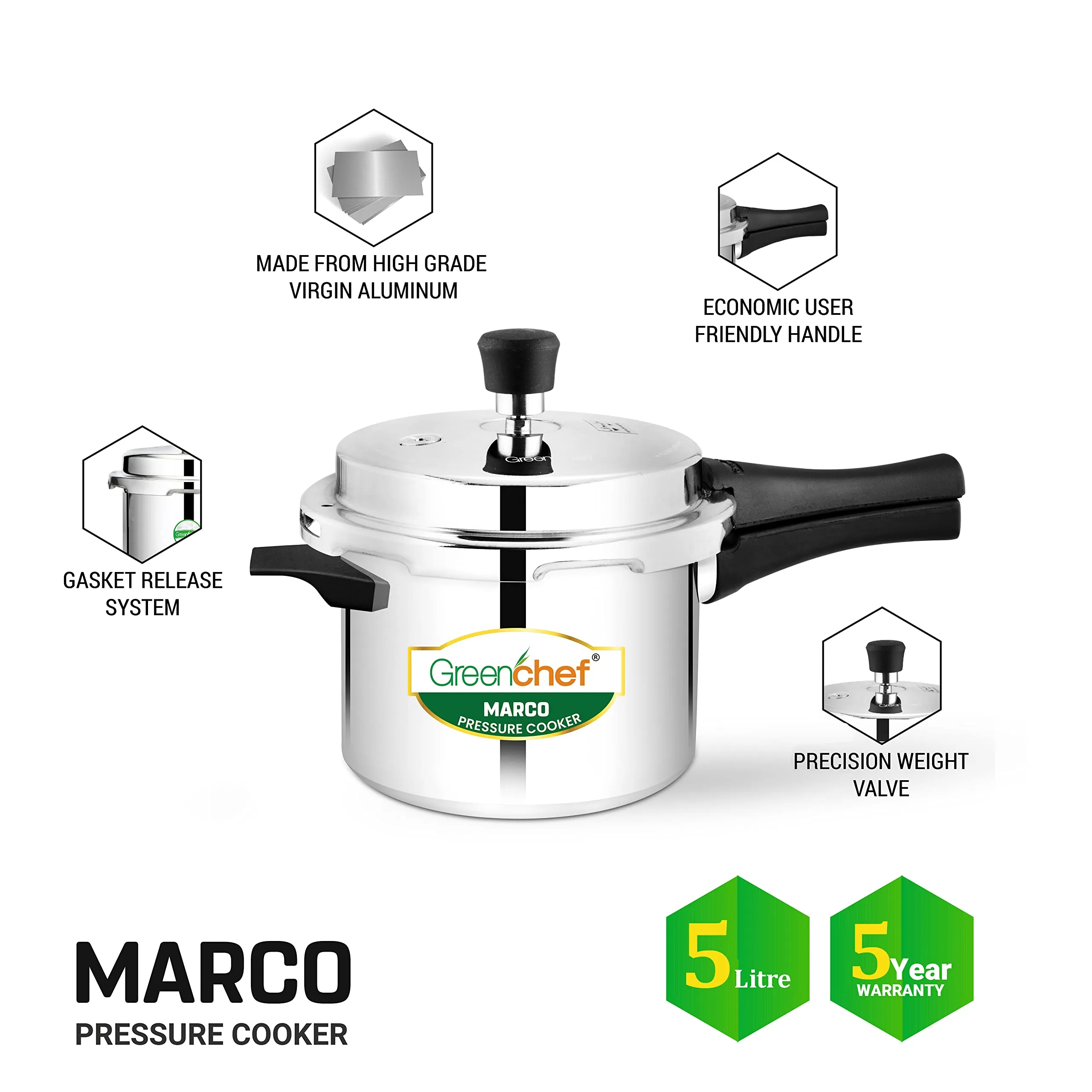 GREENCHEF Marco Aluminium Pressure Cooker Outer Lid 5 Litres capacity, ISI Certified, Silver Colour