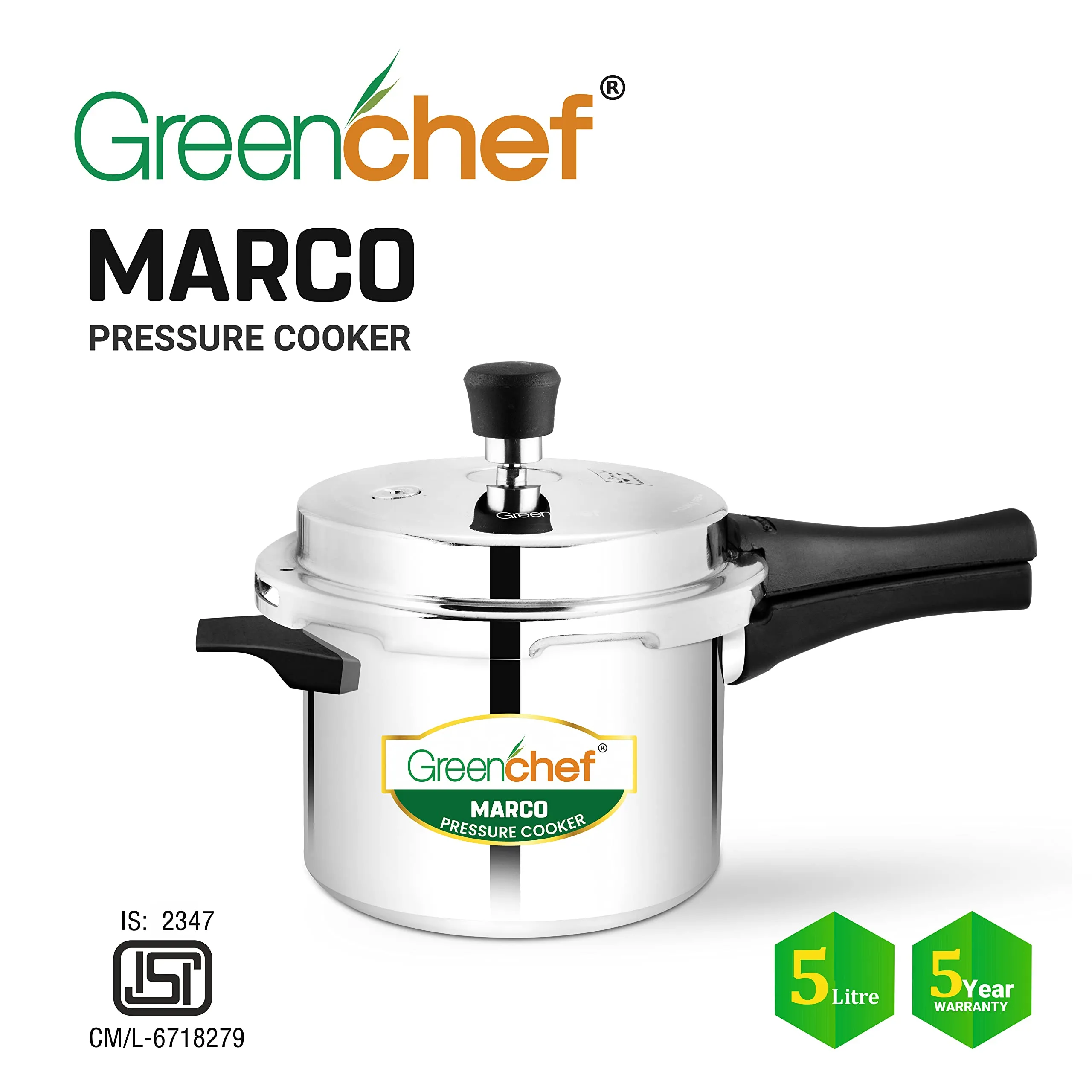 GREENCHEF Marco Aluminium Pressure Cooker Outer Lid 5 Litres capacity, ISI Certified, Silver Colour