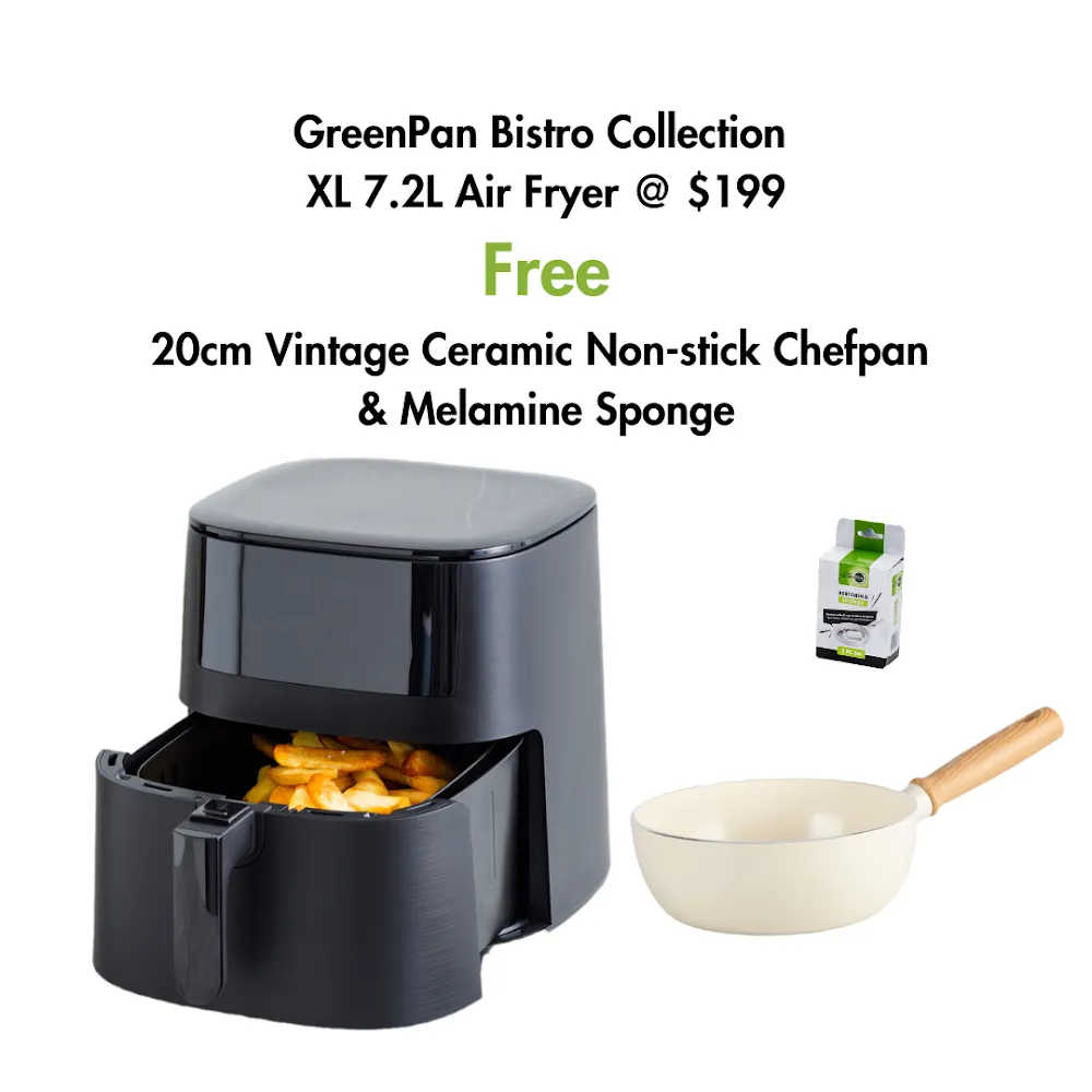 GreenPan Bistro Collection XL Airfryer   FREE 20cm Vintage Ceramic Non-stick Chefpan & Cleaning Sponge