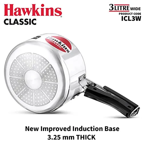 Hawkins Classic 3 Litre Inner Lid Aluminium Pressure Cooker, Induction Cooker, Wide Design Pan Cooker, Best Cooker, Silver (ICL3W)