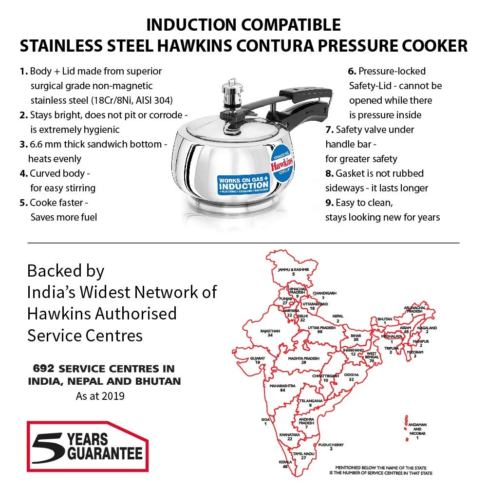Hawkins Stainless Steel Contura Induction Compatible Inner Lid Pressure Cooker, 1.5 Litre, Silver (SSC15)