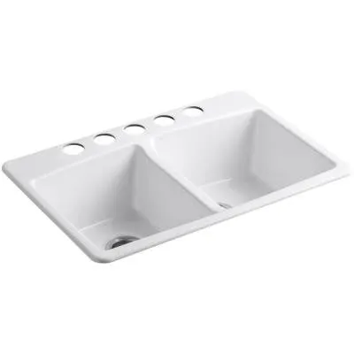 Kohler Brookfield Undermount Cast-Iron 33 in. 5-Hole Double Bowl Kitchen Sink in White