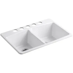 Kohler Brookfield Undermount Cast-Iron 33 in. 5-Hole Double Bowl Kitchen Sink in White