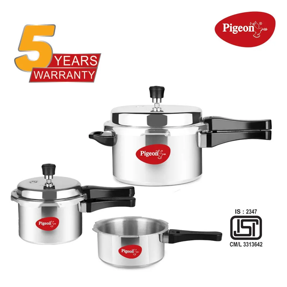 Pigeon by Stovekraft Aluminium Outer Lid Pressure Cooker Cooker 2,3 and 5 Litre with Flat Tawa and Fry Pan Combo, silver, large, 14465