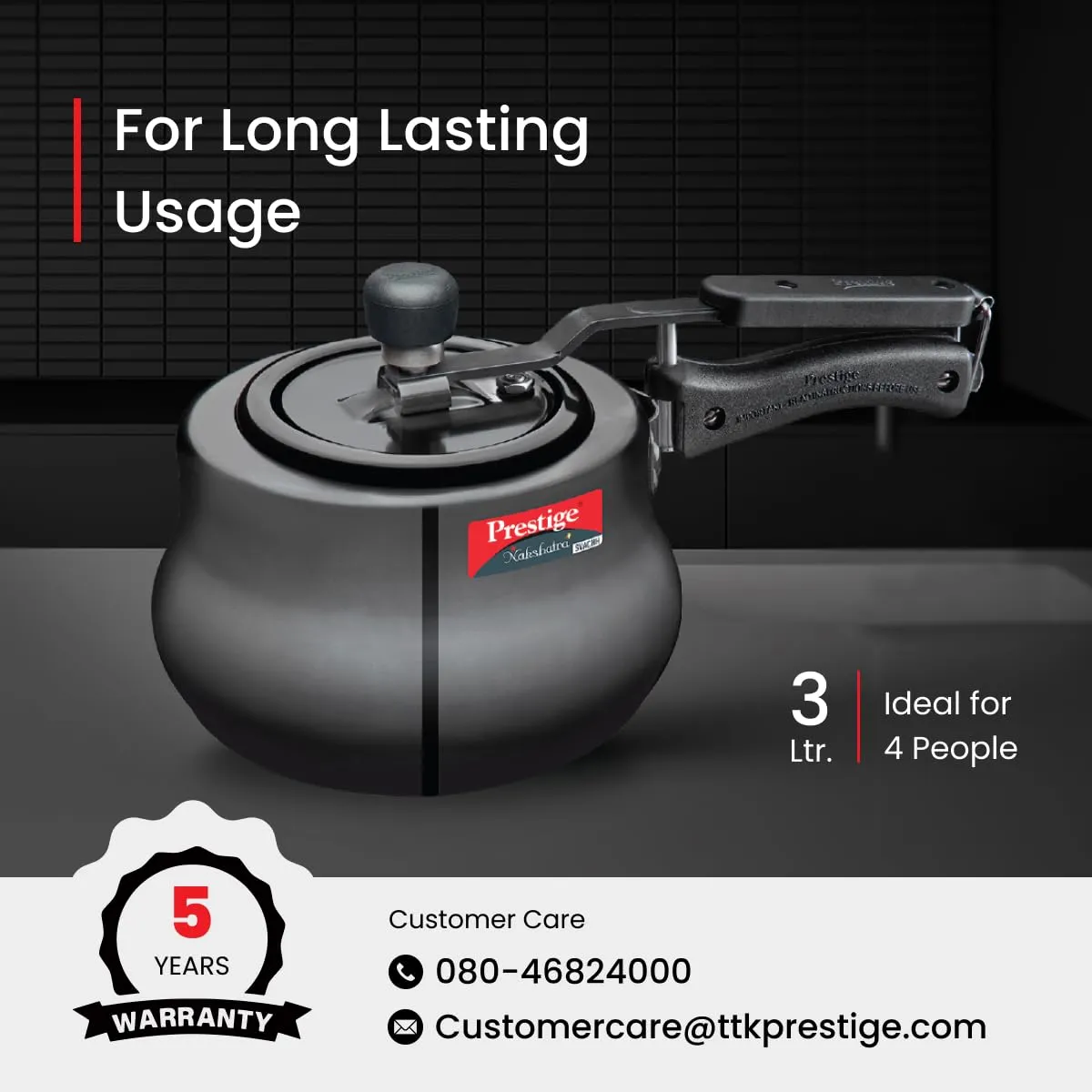 Prestige 3 Litres Nakshatra Plus Svachh Induction Base Inner Lid Hard Anodized Pressure Cooker | Black | Deep lid Spillage Control | Handi | Anti-Bulge Base | Sturdy Handle