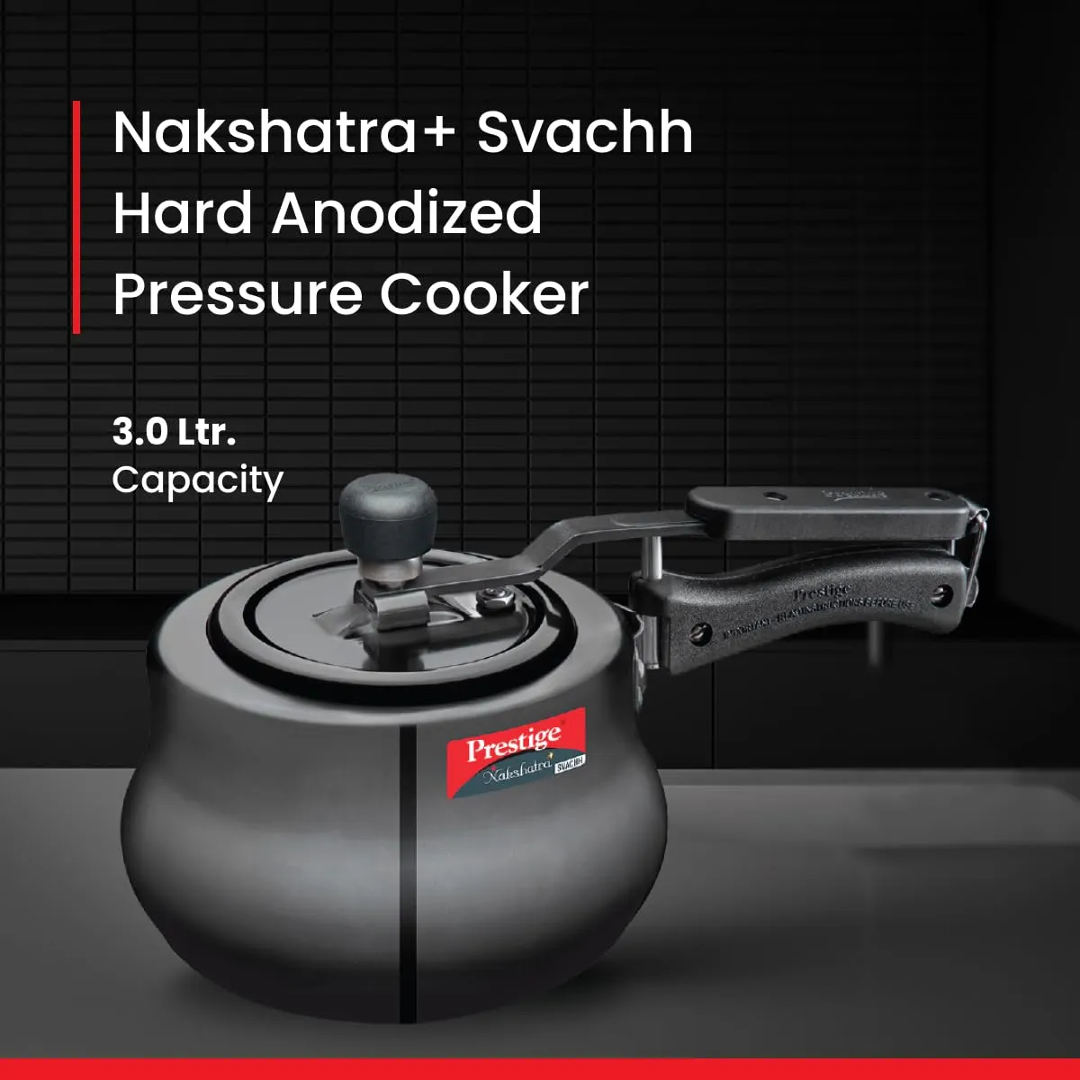Prestige 3 Litres Nakshatra Plus Svachh Induction Base Inner Lid Hard Anodized Pressure Cooker | Black | Deep lid Spillage Control | Handi | Anti-Bulge Base | Sturdy Handle