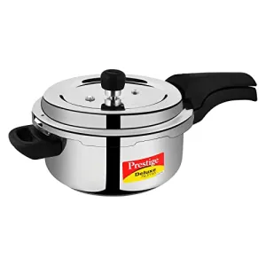 Prestige 3L Svachh Deluxe Alpha stainless steel Pressure Cooker|Outer lid|3-4 personsl|Deep lid for spillage control|Gas & induction compatible|Controlled GasketRelease System|Silver|10 years warranty