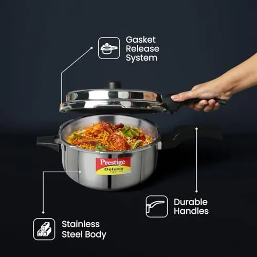 Prestige 3L Svachh Deluxe Alpha stainless steel Pressure Cooker|Outer lid|3-4 personsl|Deep lid for spillage control|Gas & induction compatible|Controlled GasketRelease System|Silver|10 years warranty