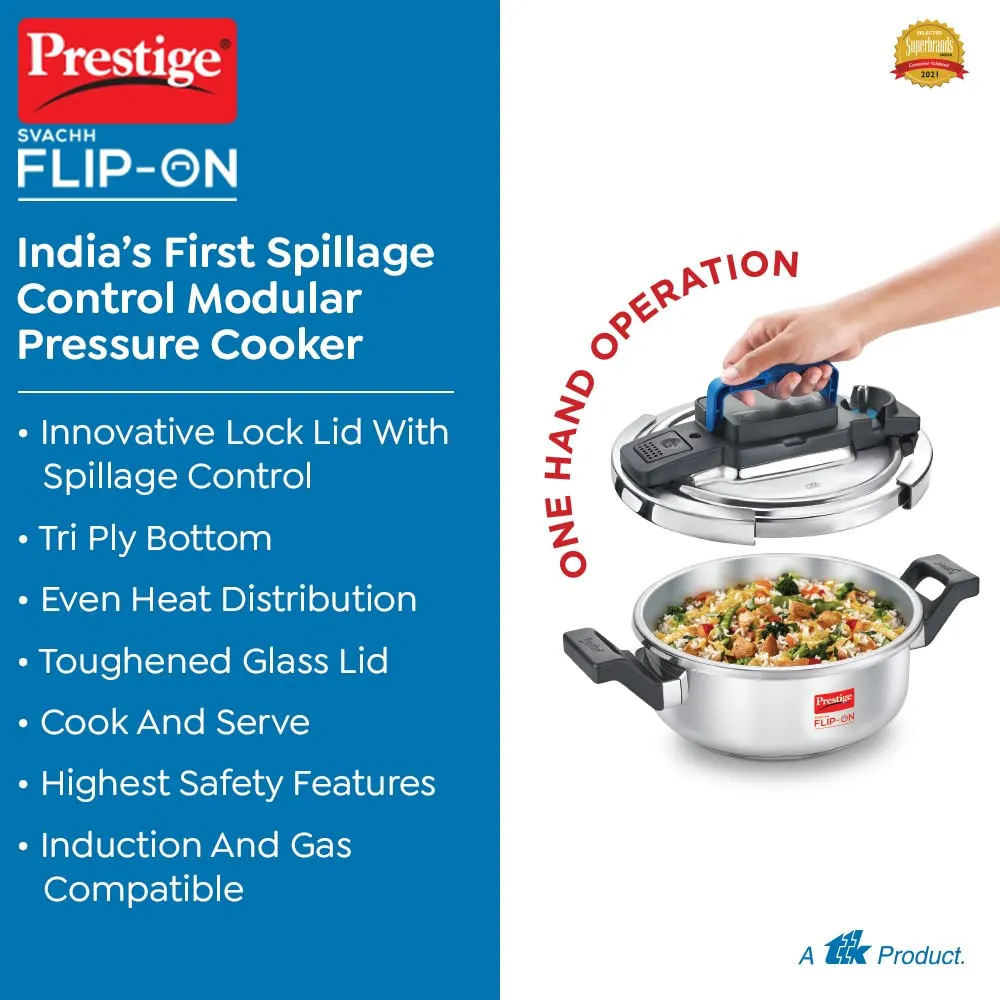 Prestige 3L Svachh FLIP-ON Stainless Steel Pressure Cooker with glass lid|Innovative lock lid with spillage control|Gas & Induction compatible|5 years warranty|Silver