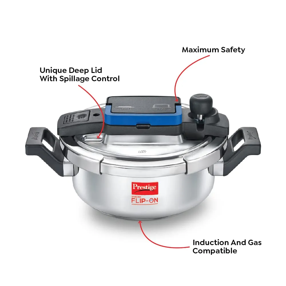 Prestige 3L Svachh FLIP-ON Stainless Steel Pressure Cooker with glass lid|Innovative lock lid with spillage control|Gas & Induction compatible|5 years warranty|Silver