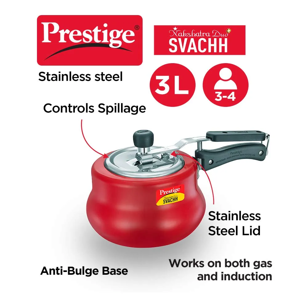 Prestige Svachh, 10752, 3 litre, Nakshatra Duo Red Handi, with Deep Lid for Spillage Control, Aluminium, Inner Lid