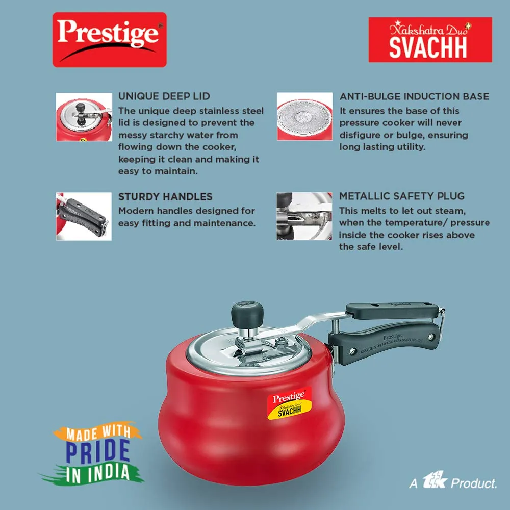 Prestige Svachh, 10752, 3 litre, Nakshatra Duo Red Handi, with Deep Lid for Spillage Control, Aluminium, Inner Lid