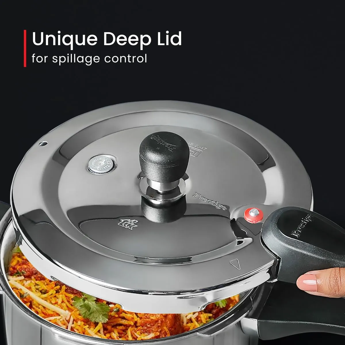 Prestige Svachh Triply Outer Lid Pressure Cooker with Unique Deep Lid for Spillage Control, 2 Litre, Silver, 304 Stainless Steel Inner Surface, Thick Gauge Aluminium